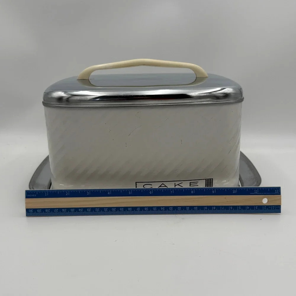 Vintage Mid Century Chrome Metal Cake Carrier Box with Tray and Server Cream